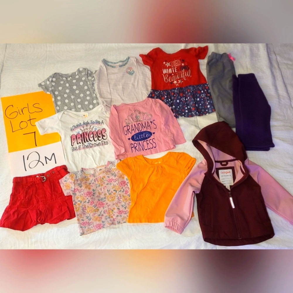 GIRLS 12M Lot 7 / Variety: Red,White,Blue Dress, jacket, onsies, tops, bottoms